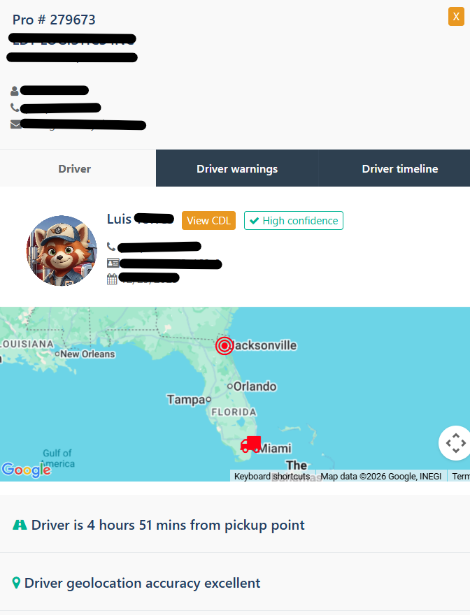 Driver confirmation mobile screen